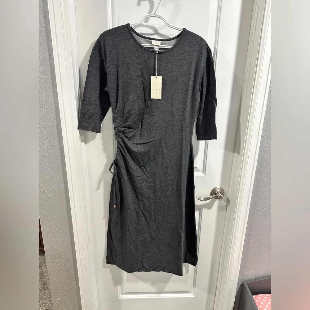 NWT A New Day Three Quarter Sleeve Gray Ruched Tie Waist Dress - Picture 1 of 8